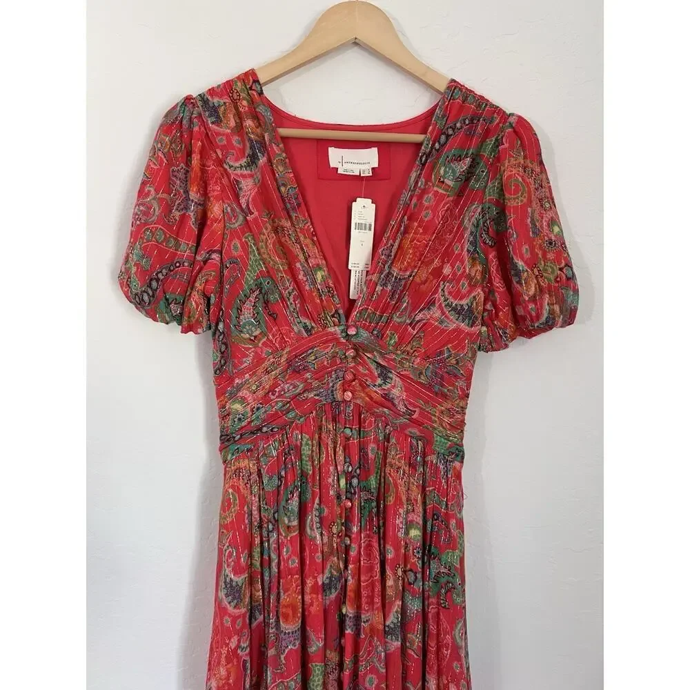 Anthropologie Katerina Lurex Button Front Floral Midi Dress Size 4 NWT - Picture 2 of 8